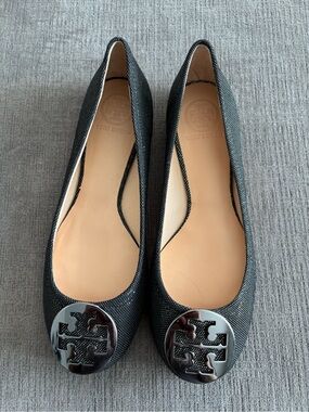 Tory Burch Black Logo Round-Toe Ballet Flats